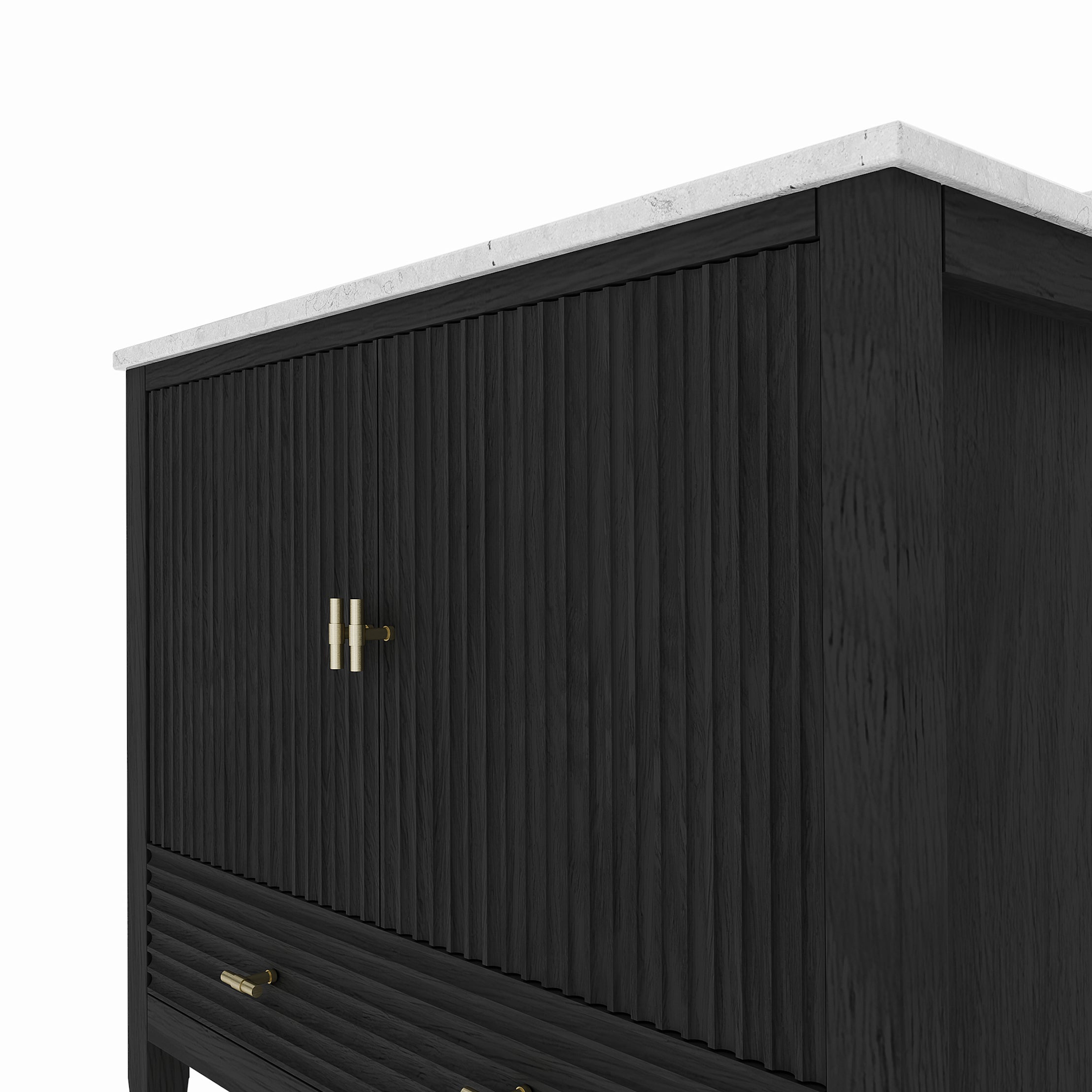 Valmont 36 Inch Fluted Vanity Base - Carbon Oak | Alternative Image 05 | finish:Carbon Oak | countertop finish:White Carrara Marble | sink style:Oval Undermount