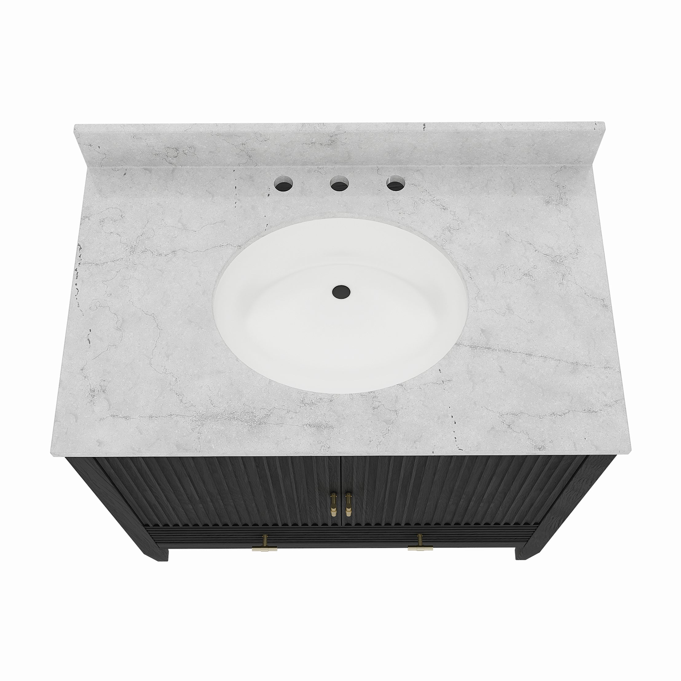 Valmont 36 Inch Fluted Vanity Base - Carbon Oak | Alternative Image 04 | finish:Carbon Oak | countertop finish:White Carrara Marble | sink style:Oval Undermount