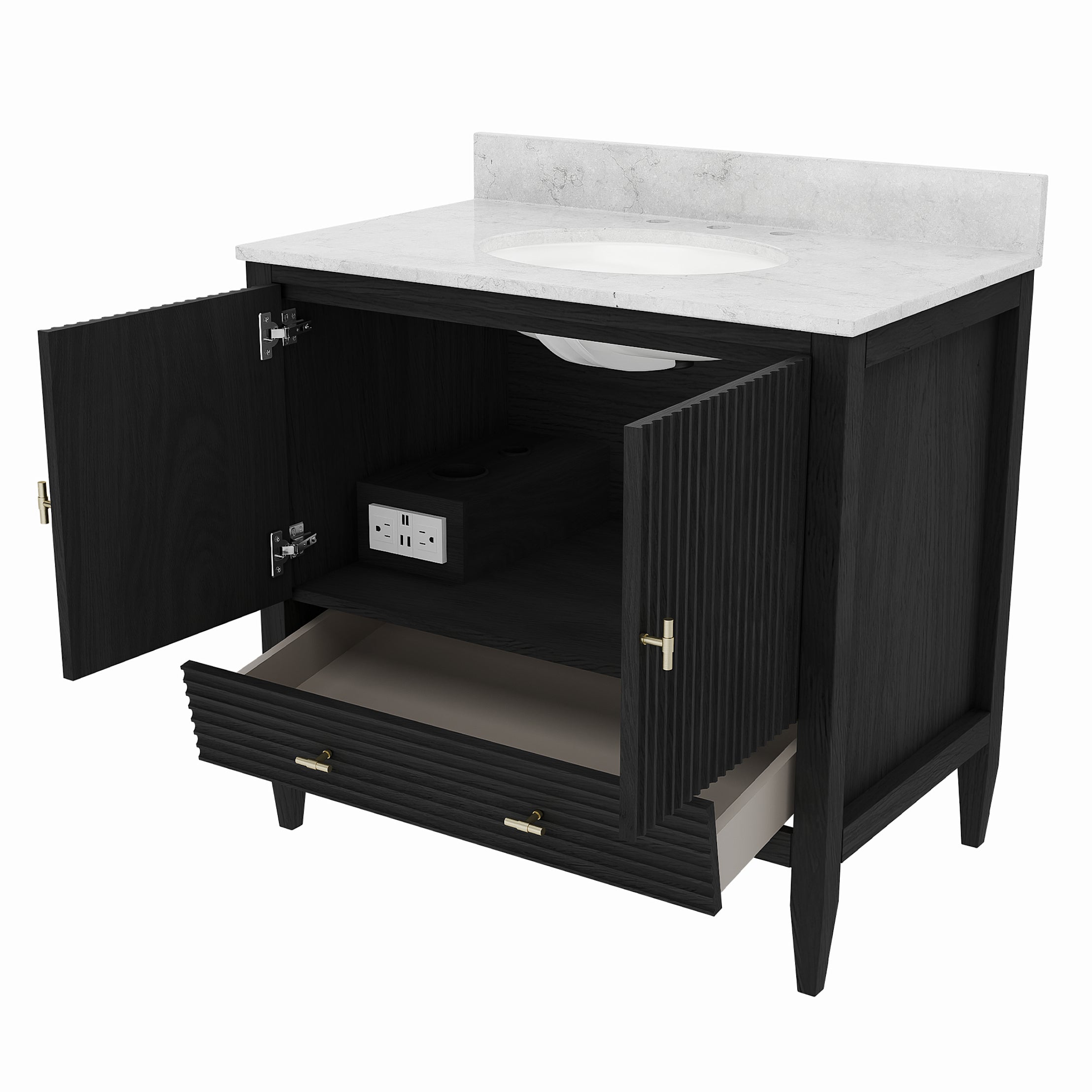 Valmont 36 Inch Fluted Vanity Base - Carbon Oak | Alternative Image 03 | finish:Carbon Oak | countertop finish:White Carrara Marble | sink style:Oval Undermount