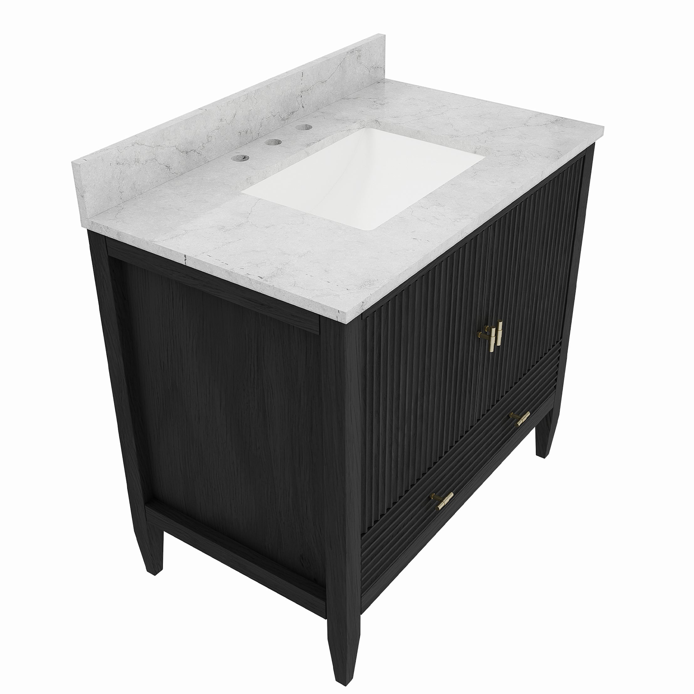 Valmont 36 Inch Fluted Vanity Base - Carbon Oak | Alternative Image 06 | finish:Carbon Oak | countertop finish:White Carrara Marble | sink style:Oval Undermount