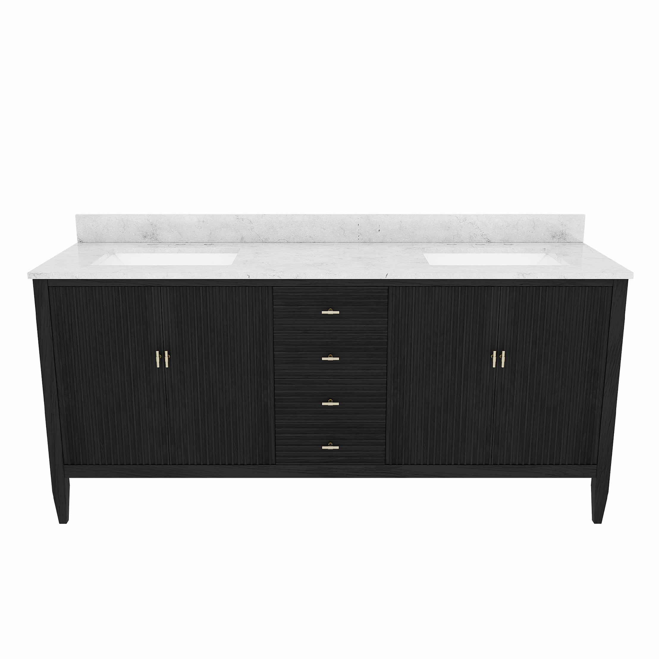 Valmont 72 Inch Fluted Vanity Base - Carbon Oak | Alternative Image 04 | finish:Carbon Oak | countertop finish:White Carrara Marble | sink style:Rectangle Undermount