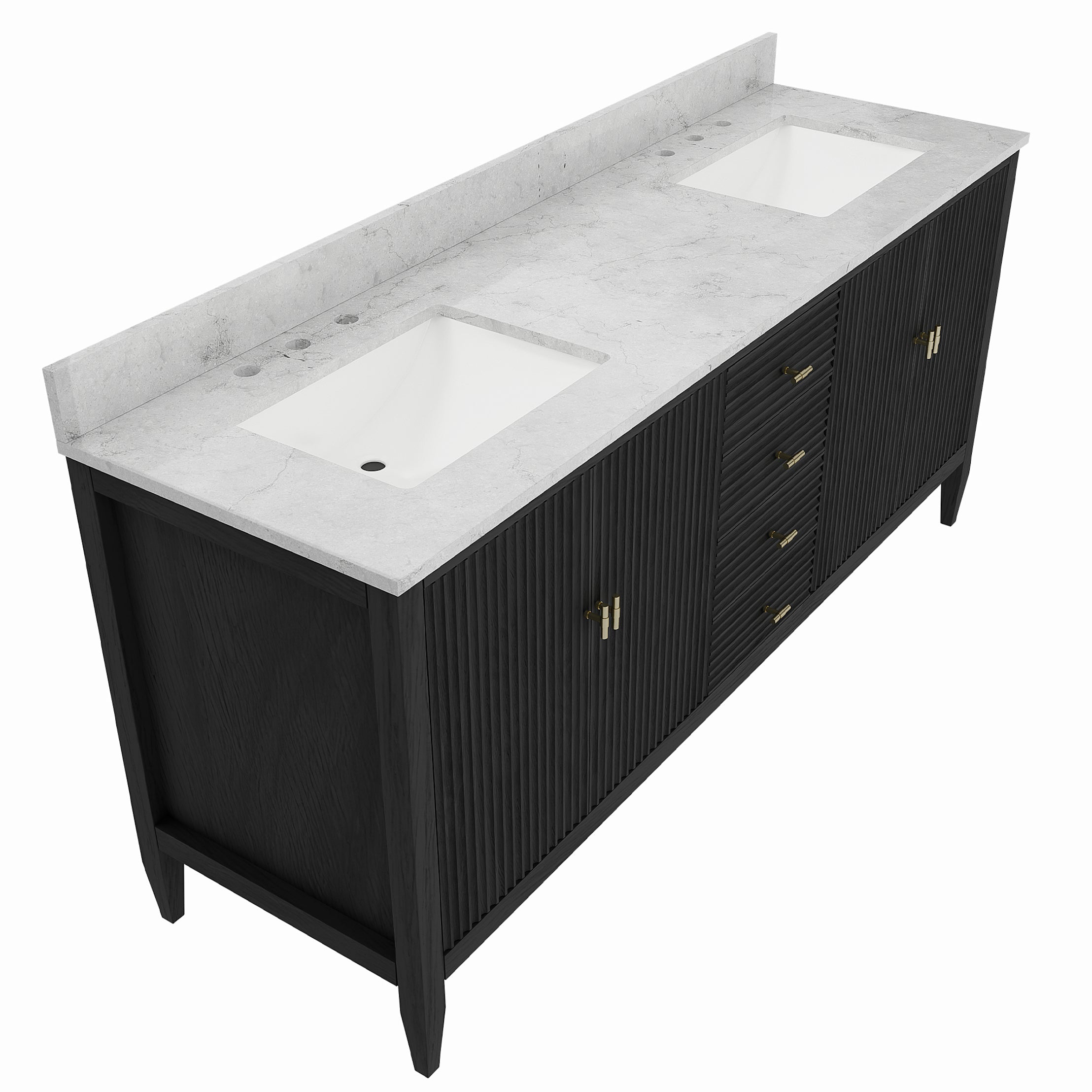 Valmont 72 Inch Fluted Vanity Base - Carbon Oak | Alternative Image 05 | finish:Carbon Oak | countertop finish:White Carrara Marble | sink style:Rectangle Undermount