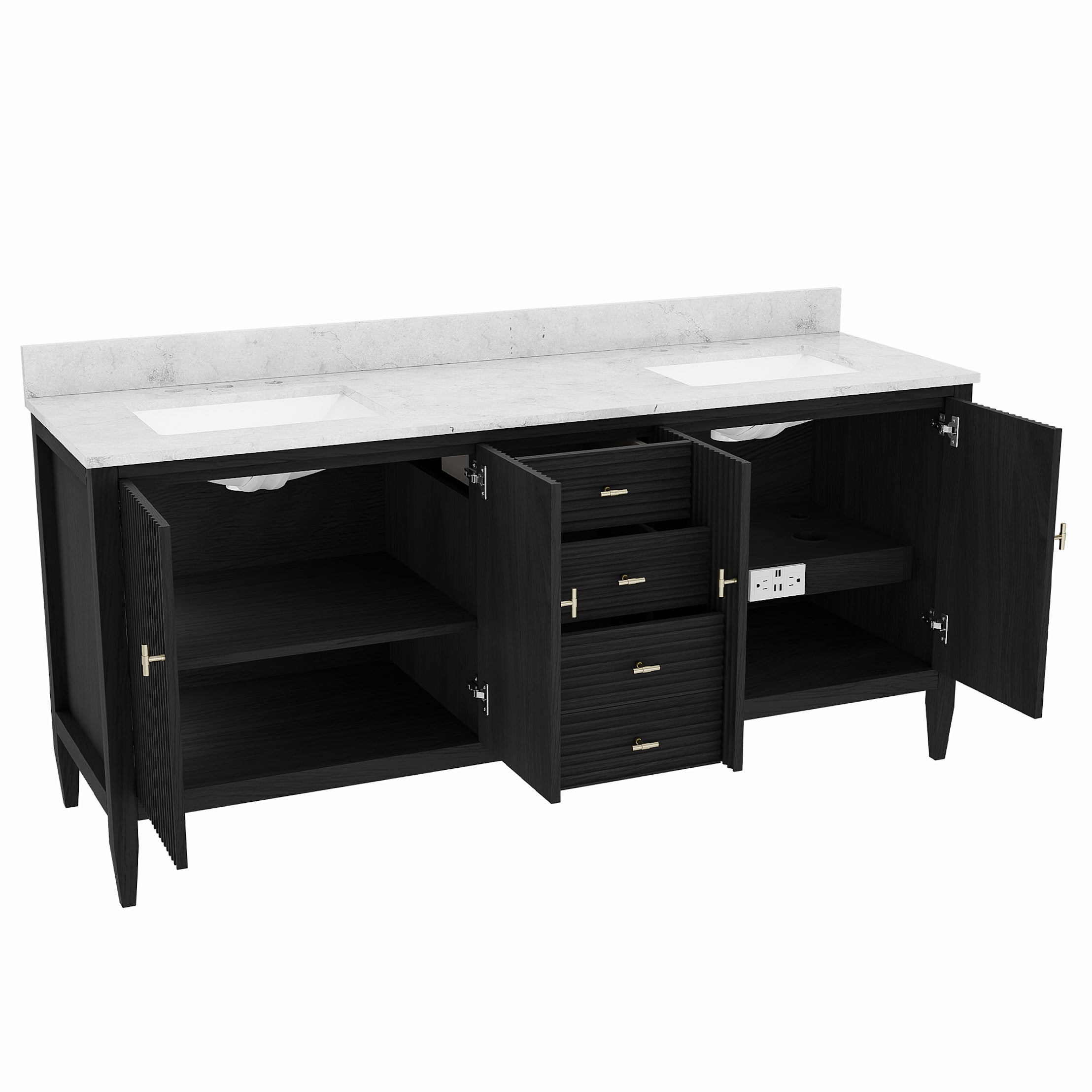 Valmont 72 Inch Fluted Vanity Base - Carbon Oak | Alternative Image 07 | finish:Carbon Oak | countertop finish:White Carrara Marble | sink style:Rectangle Undermount