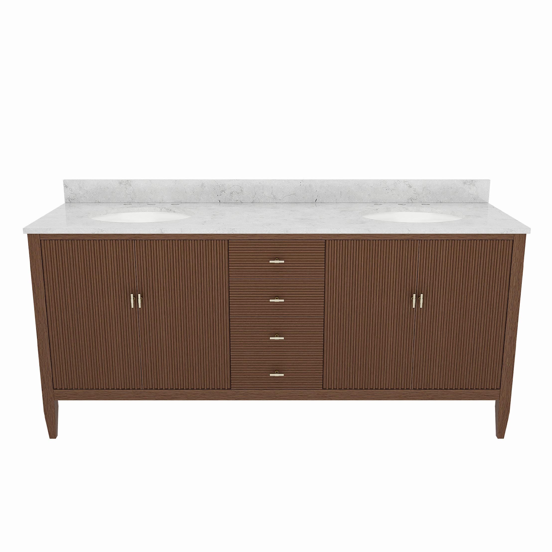 Valmont 72 Inch Fluted Vanity Base - MC Walnut | Alternative Image 01 | finish:Mid Century Walnut | countertop finish:White Carrara Marble | sink style:Oval Undermount