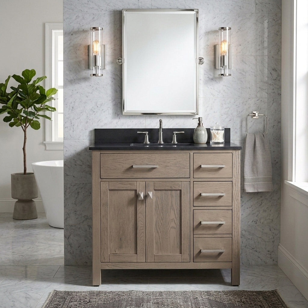 Neeson 36 Inch Birch and Oak Vanity-Light Oak-Black Granite / Rectangle Sink | Alternative Image 01 | countertop finish:Black Granite | sink style:Rectangle Sink | faucet centers:8"