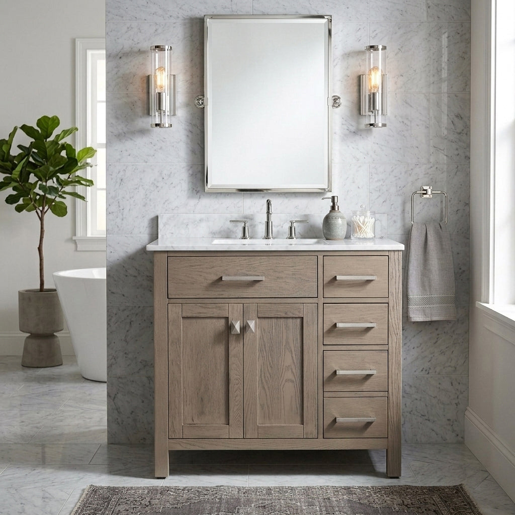 Neeson 36 Inch Birch and Oak Vanity-Light Oak-White Quartz / Rectangle Sink | Alternative Image 01 | countertop finish:White Quartz | sink style:Rectangle Sink | faucet centers:8"