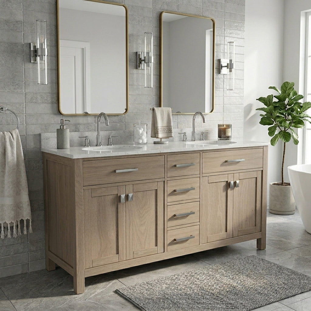Neeson 60 Inch Oak and Birch Console Vanity-Gray Oak-White Carrara Marble / Oval Sink | Alternative Image 01 | countertop finish:White Carrara Marble | sink style:Oval Sink | faucet centers:8"