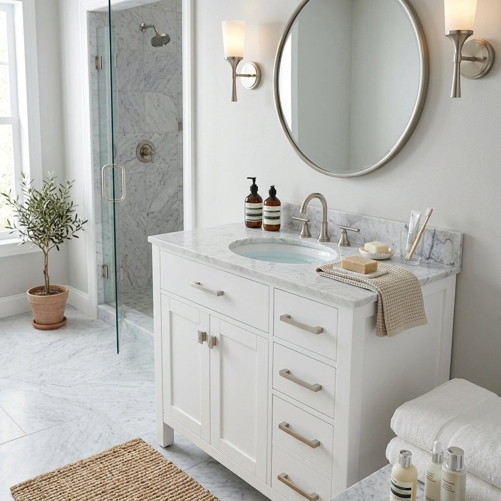 Neeson 36 Inch Birch and Oak Vanity-White-White Carrara Marble / Oval Sink | Alternative Image 01 | countertop finish:White Carrara Marble | sink style:Oval Sink | faucet centers:8"