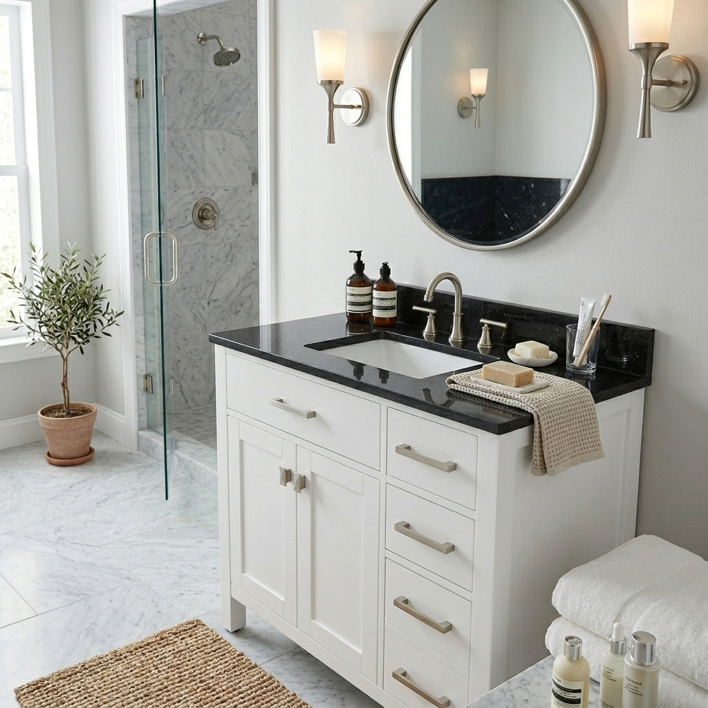 Neeson 36 Inch Birch and Oak Vanity-White-Black Granite / Rectangle Sink | Alternative Image 01 | countertop finish:Black Granite | sink style:Rectangle Sink | faucet centers:8"