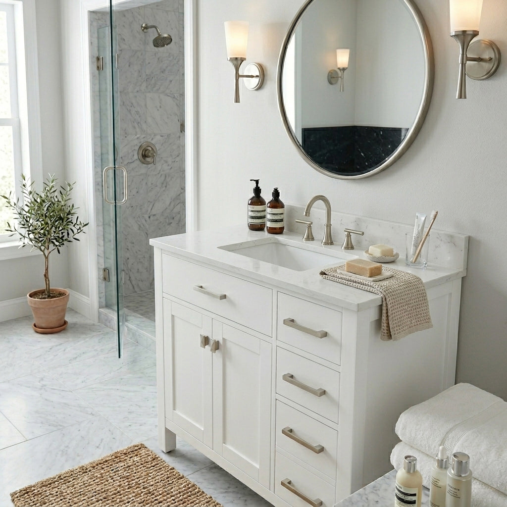 Neeson 36 Inch Birch and Oak Vanity-White-White Quartz / Rectangle Sink | Alternative Image 01 | countertop finish:White Quartz | sink style:Rectangle Sink | faucet centers:8"