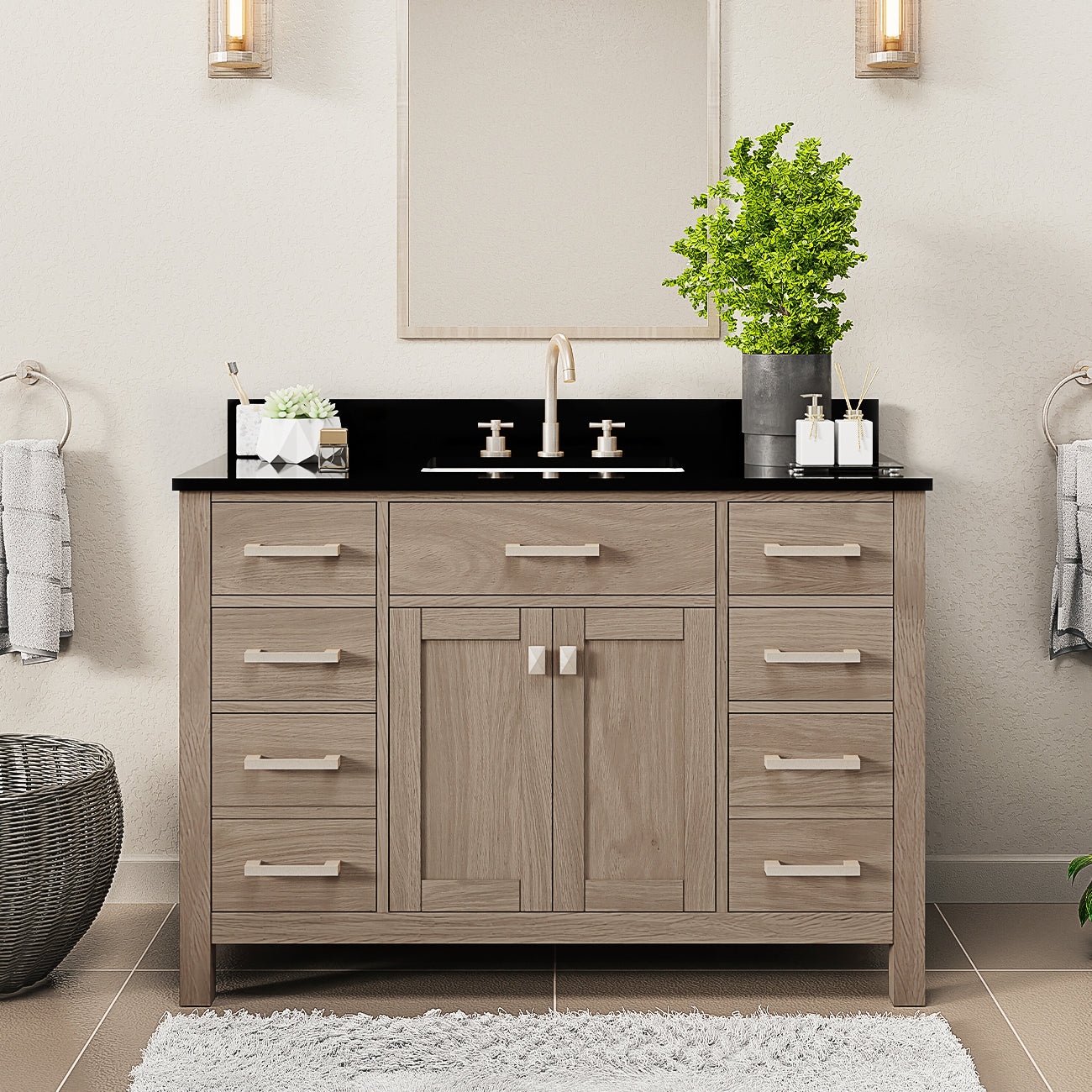 Neeson 48 Inch Oak and Birch Vanity-Gray Oak-Black Granite / Rectangle Sink | Alternative Image 01 | countertop finish:Black Granite | sink style:Rectangle Sink | faucet centers:8"