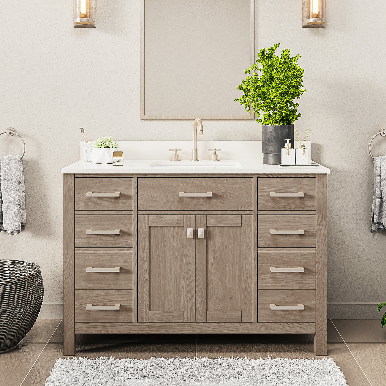 Neeson 48 Inch Oak and Birch Vanity-Gray Oak-White Birch Solid Surface / Integral Oval Sink | Alternative Image 01 | countertop finish:White Birch Solid Surface | sink style:Integral Oval Sink | faucet centers:Variable