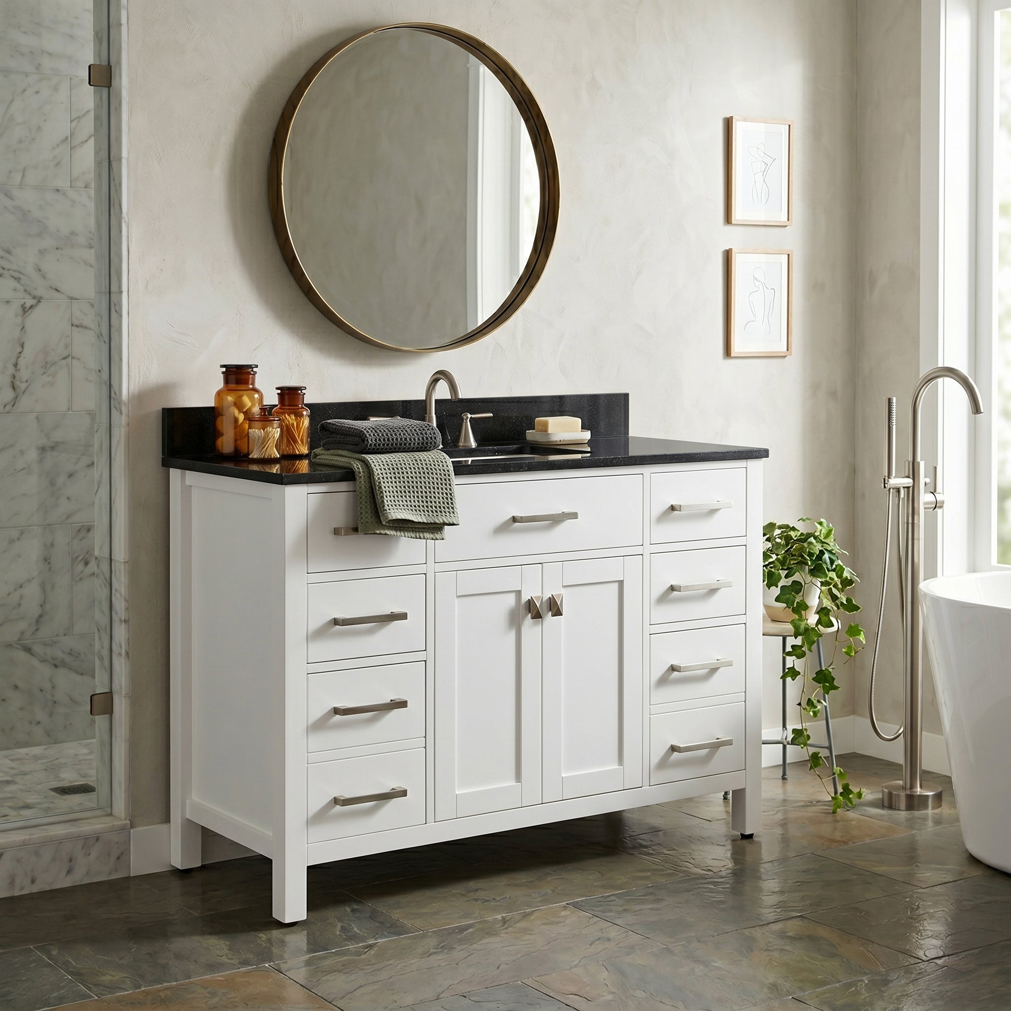 Neeson 48 Inch Oak and Birch Vanity-White-Black Granite / Rectangle Sink | Alternative Image 01 | countertop finish:Black Granite | sink style:Rectangle Sink | faucet centers:8"