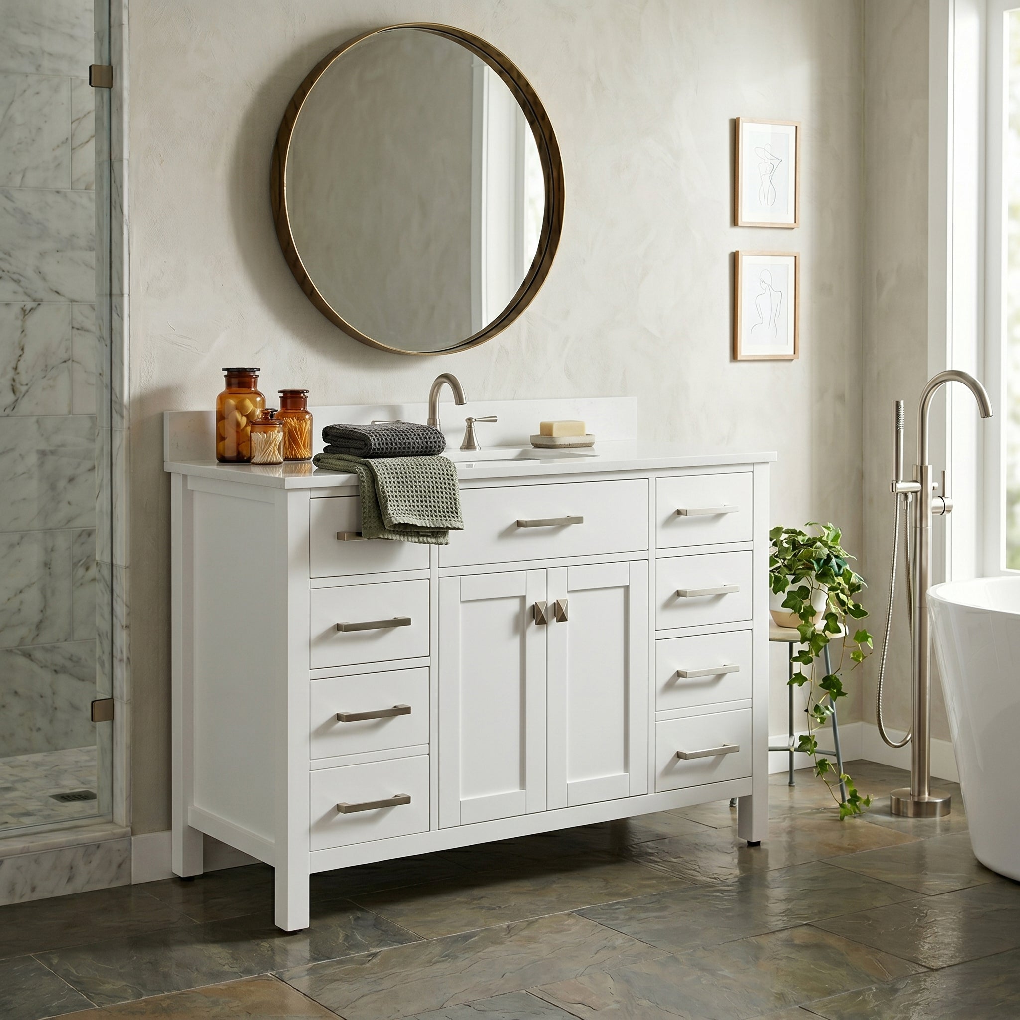 Neeson 48 Inch Oak and Birch Vanity-White-White Quartz / Rectangle Sink | Alternative Image 01 | countertop finish:White Quartz | sink style:Rectangle Sink | faucet centers:8"