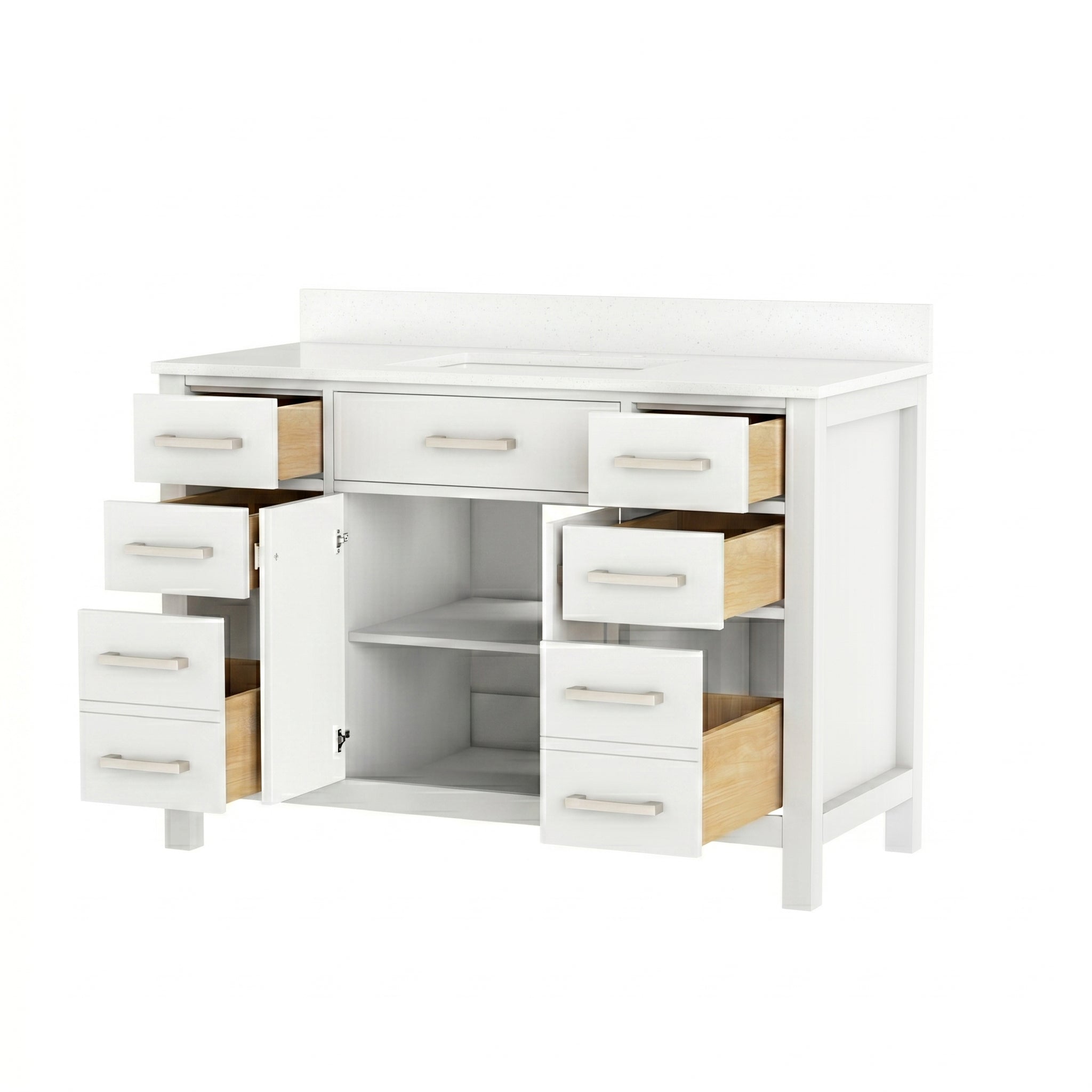 Neeson 48 Inch Oak and Birch Vanity-White-White Quartz / Rectangle Sink | Alternative Image 02 | countertop finish:White Quartz | sink style:Rectangle Sink | faucet centers:8"