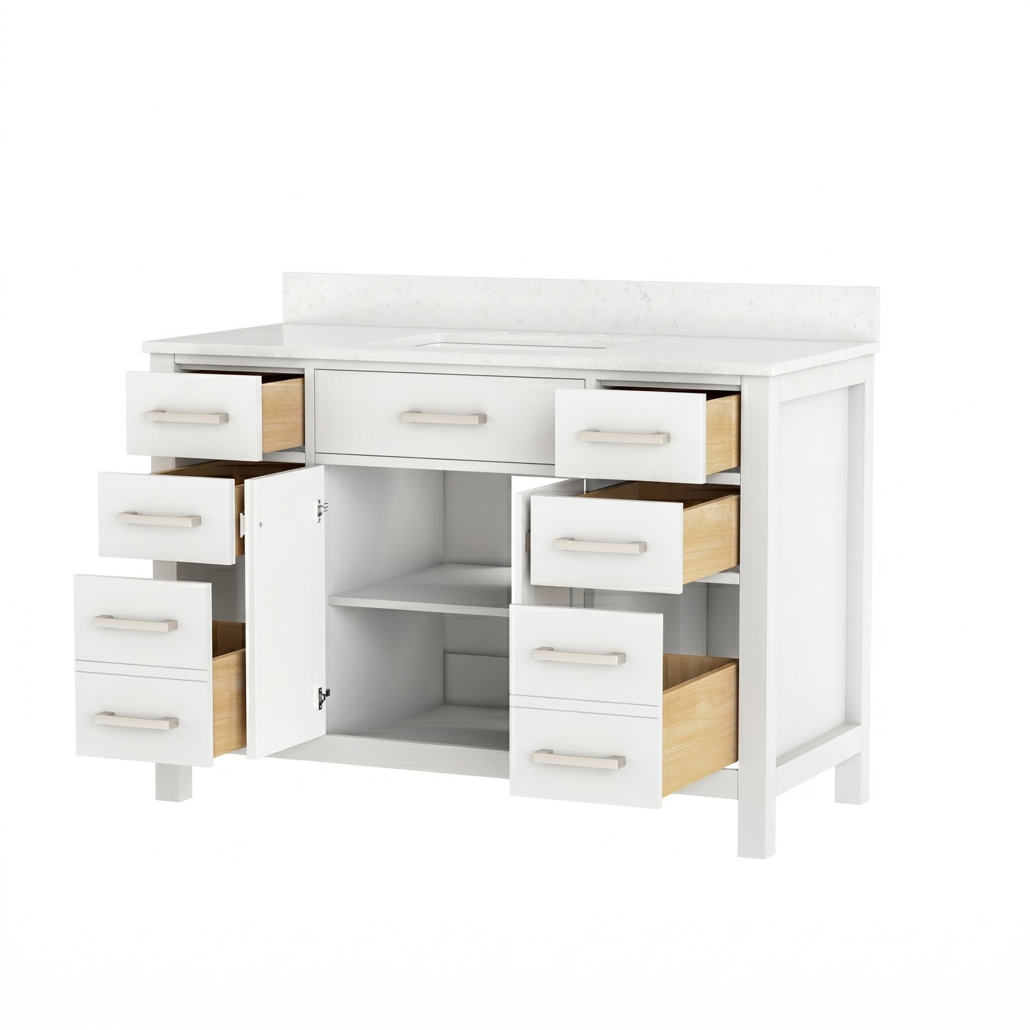 Neeson 48 Inch Oak and Birch Vanity-White-White Quartz / Rectangle Sink | Alternative Image 03 | countertop finish:White Quartz | sink style:Rectangle Sink | faucet centers:8"