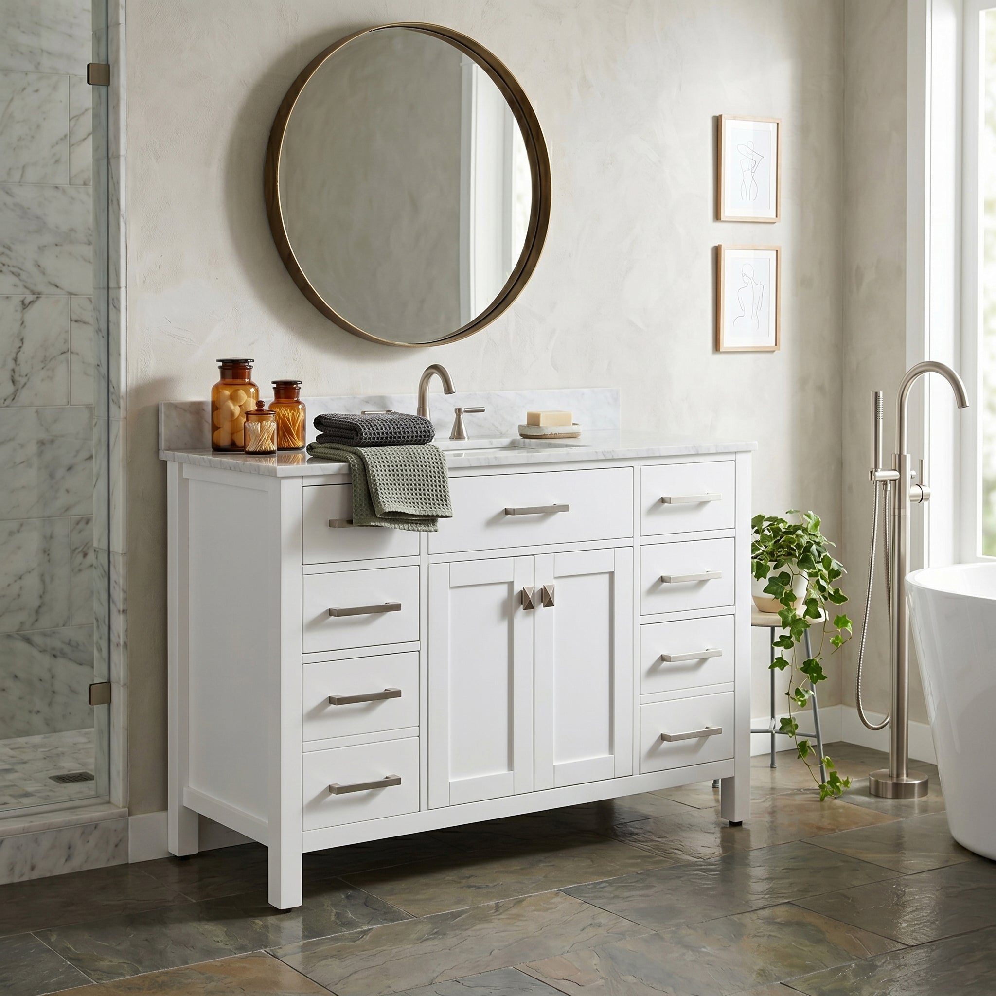 Neeson 48 Inch Oak and Birch Vanity-White-White Carrara Marble / Rectangle Sink | Alternative Image 01 | countertop finish:White Carrara Marble | sink style:Rectangle Sink | faucet centers:8"