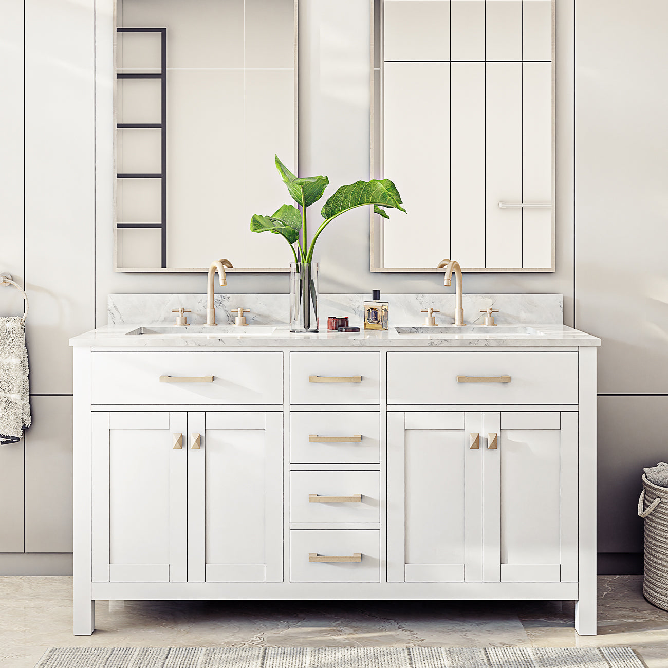 Neeson 60 Inch Oak and Birch Console Vanity-White-White Carrara Marble / Rectangle Sink | Alternative Image 01 | countertop finish:White Carrara Marble | sink style:Rectangle Sink | faucet centers:8"