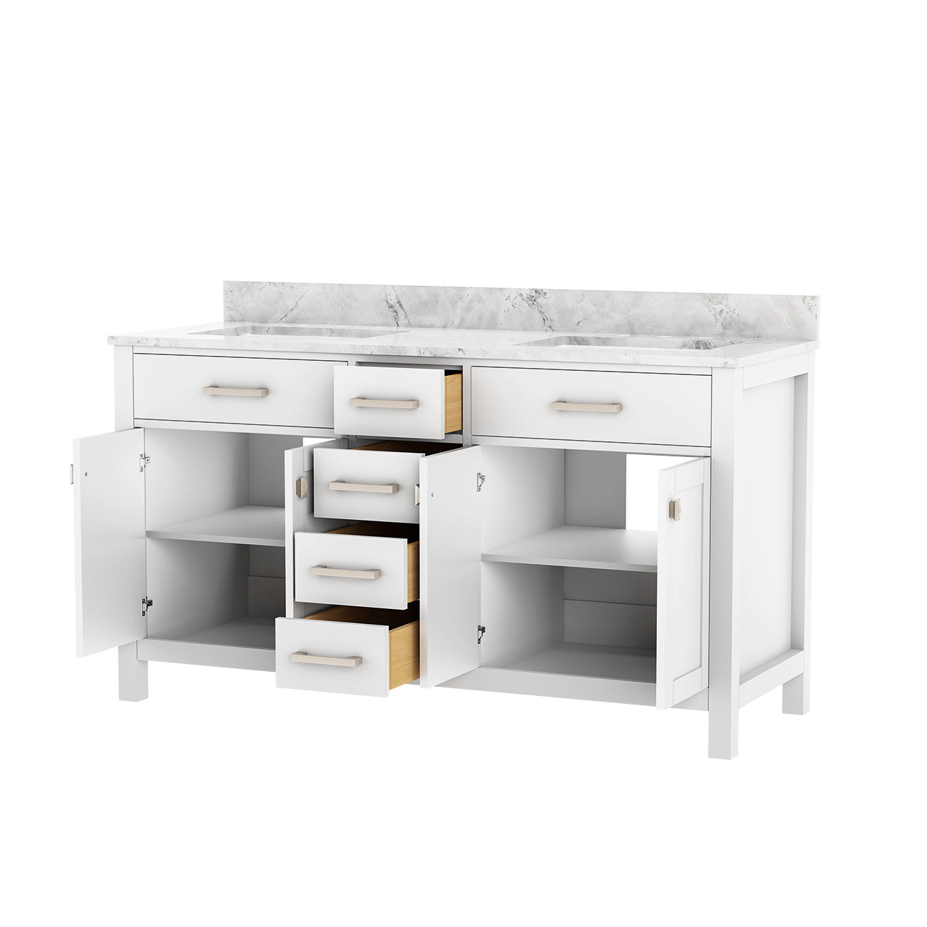 Neeson 60 Inch Oak and Birch Console Vanity-White-White Carrara Marble / Rectangle Sink | Alternative Image 04 | countertop finish:White Carrara Marble | sink style:Rectangle Sink | faucet centers:8"