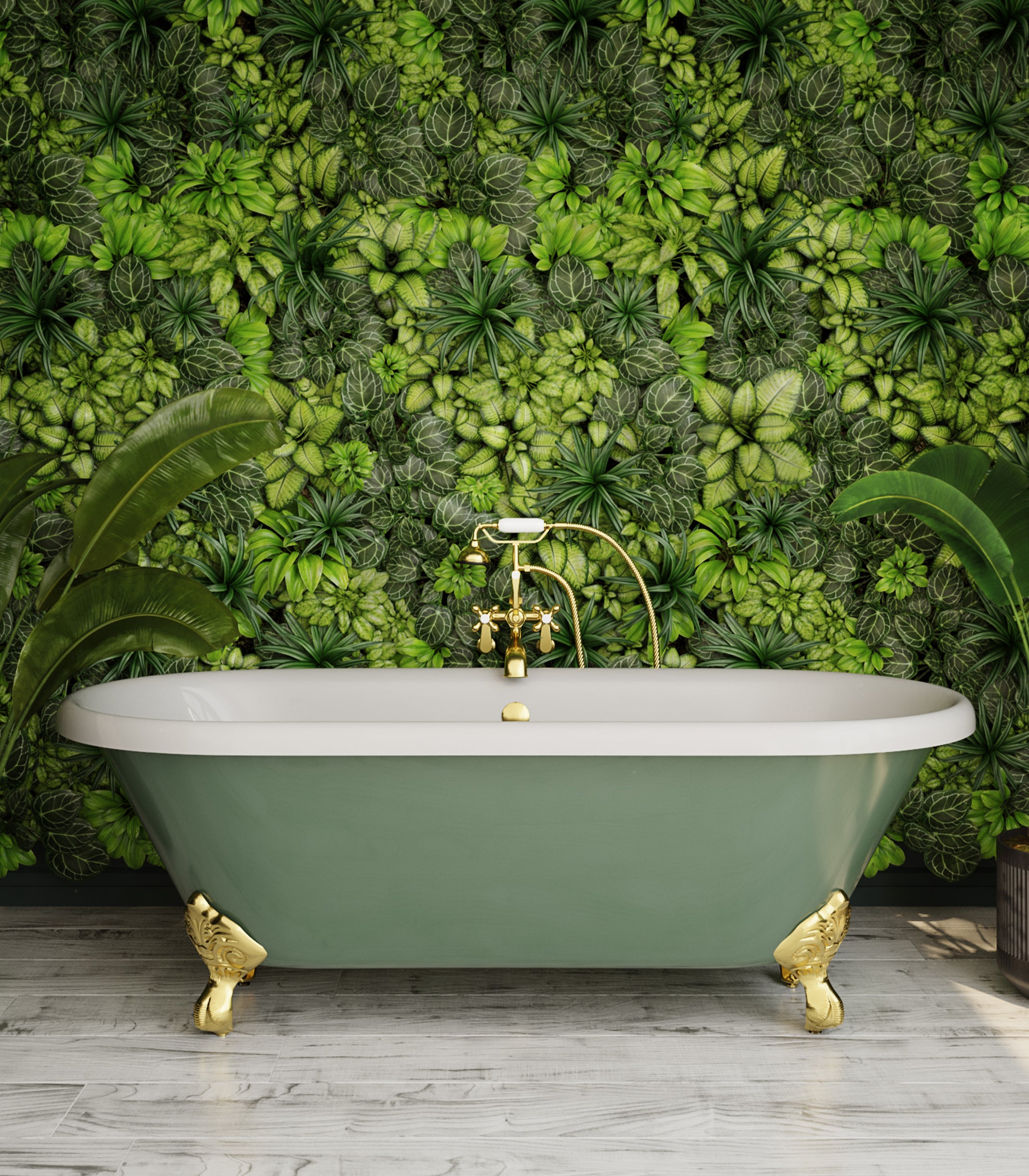 Red freestanding bathtub in a modern bathroom with a red tiled wall.