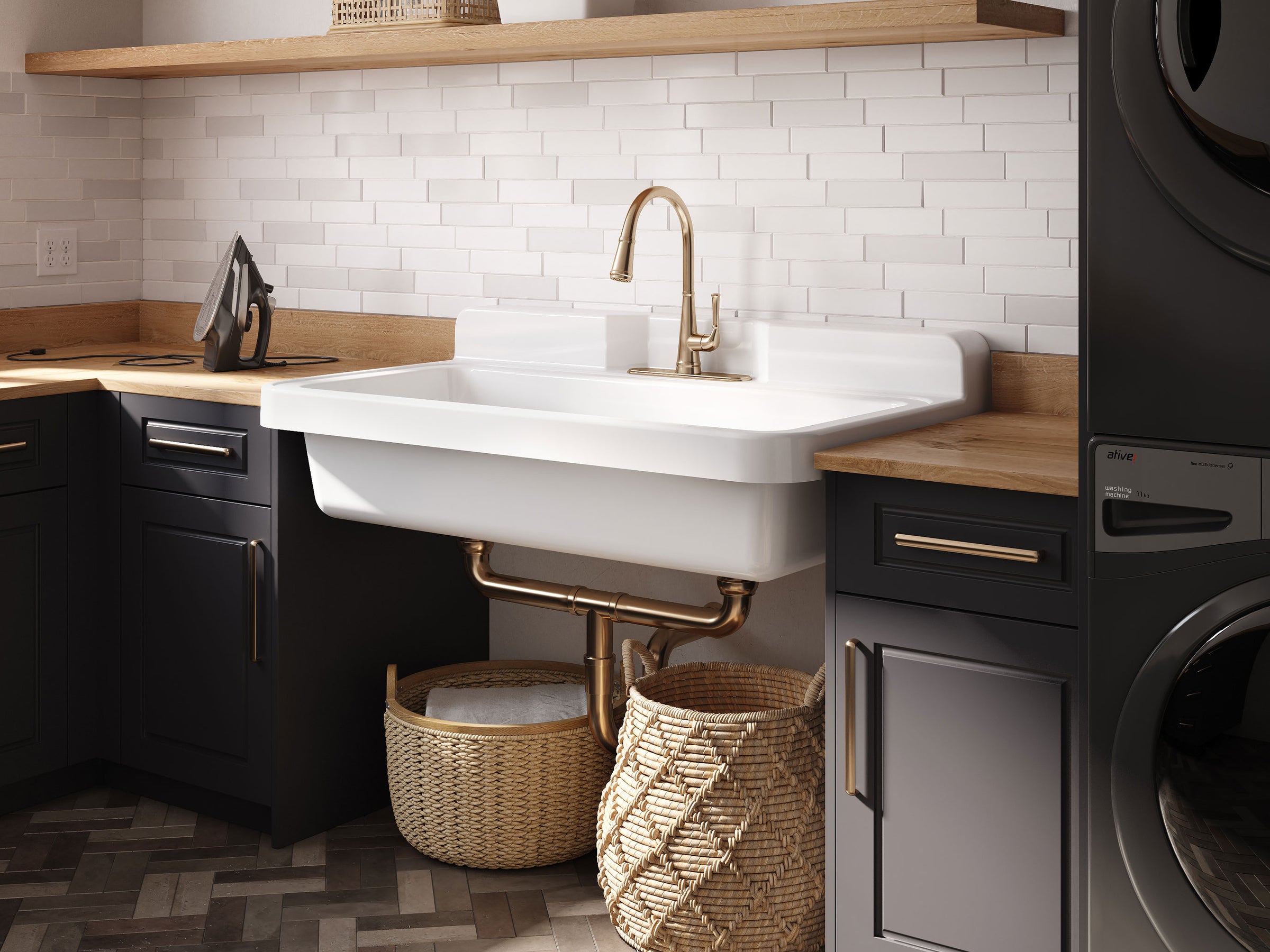 Modern kitchen with white sink, wooden countertops, and black cabinets.