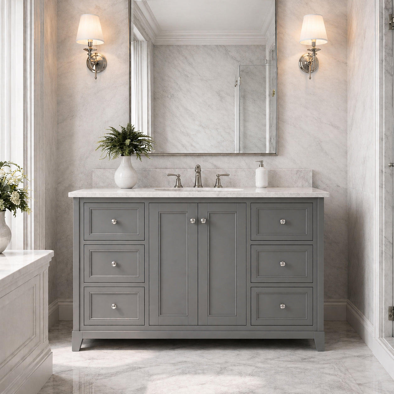 Placid 48 Inch Oak Vanity-Gray-White Carrara Marble / Oval Sink | Alternative Image 01 | countertop finish:White Carrara Marble | sink style:Oval Sink | faucet centers:8"