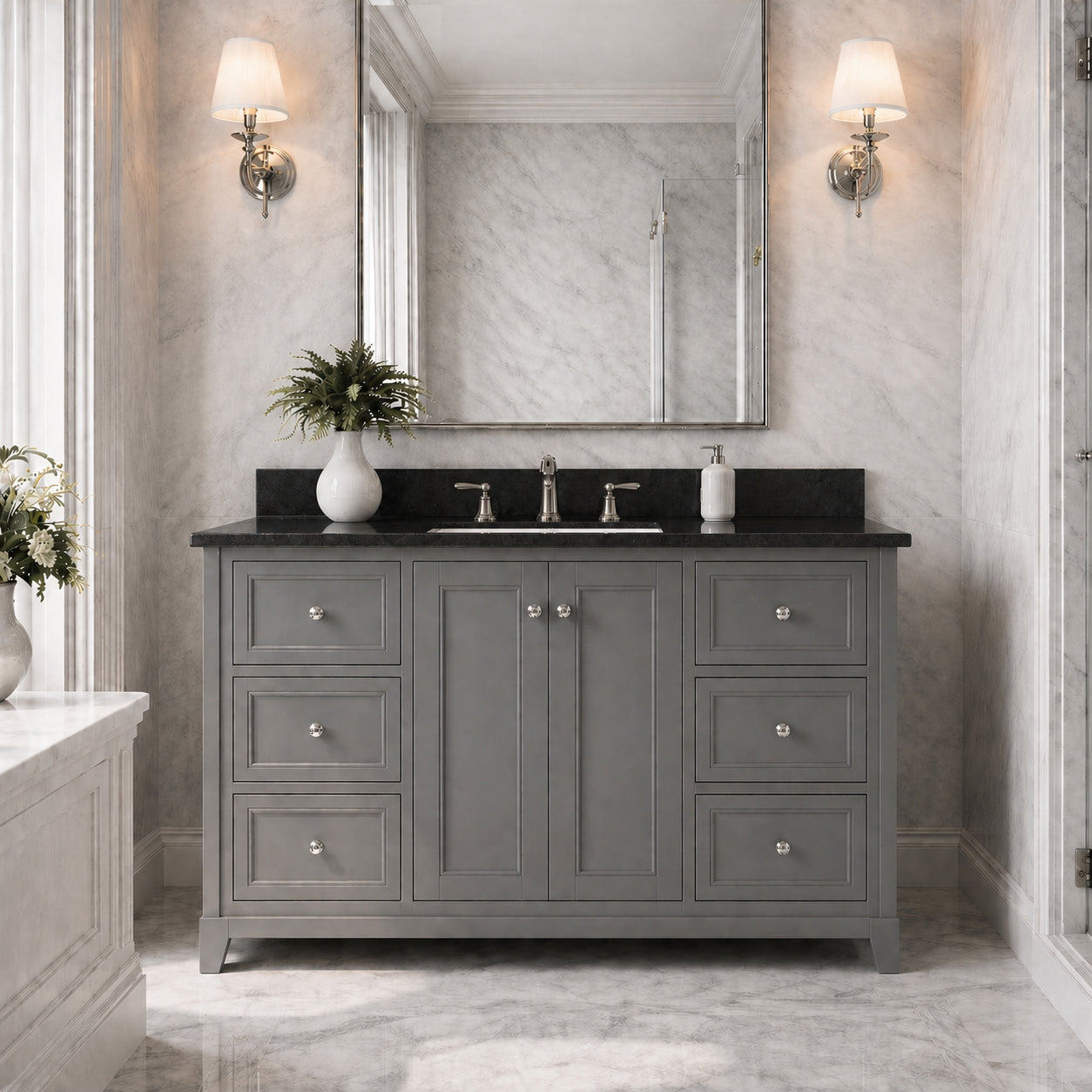 Placid 48 Inch Oak Vanity-Gray-Black Granite / Rectangle Sink | Alternative Image 01 | countertop finish:Black Granite | sink style:Rectangle Sink | faucet centers:8"
