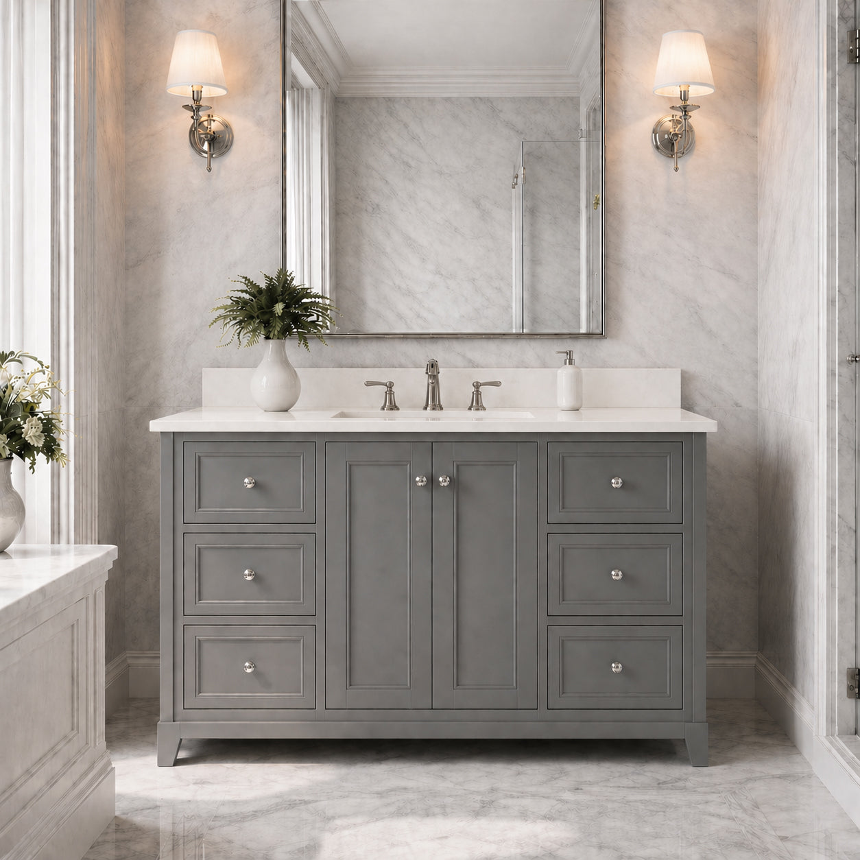 Placid 48 Inch Oak Vanity-Gray-White Quartz / Rectangle Sink | Alternative Image 01 | countertop finish:White Quartz | sink style:Rectangle Undermount | faucet centers:8"