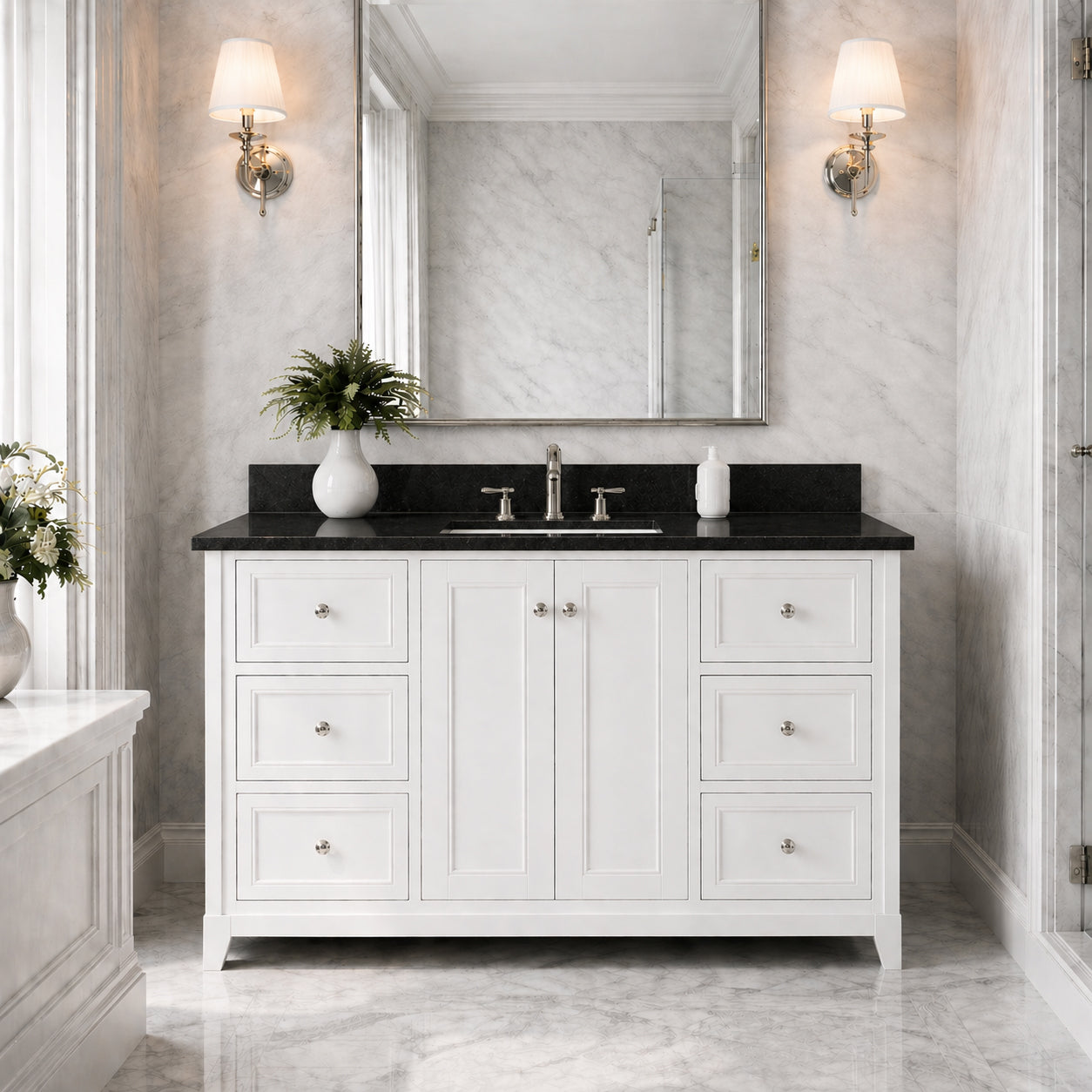 Placid 48 Inch Oak Vanity-White-Black Granite / Rectangle Sink | Alternative Image 01 | countertop finish:Black Granite | sink style:Rectangle Undermount | faucet centers:8"