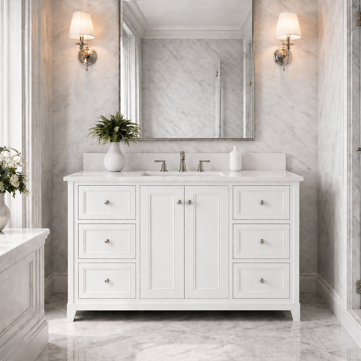 Placid 48 Inch Oak Vanity-White-White Quartz / Rectangle Sink | Alternative Image 01 | countertop finish:White Quartz | sink style:Rectangle Sink | faucet centers:8"