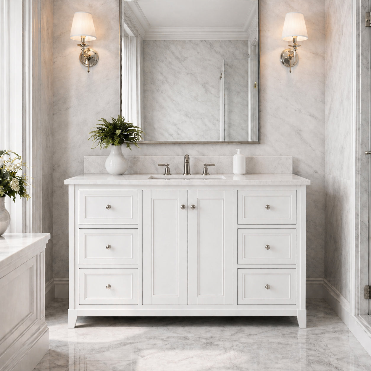 Placid 48 Inch Oak Vanity-White-White Carrara Marble / Rectangle Sink | Alternative Image 01 | countertop finish:White Carrara Marble | sink style:Rectangle Undermount | faucet centers:8"