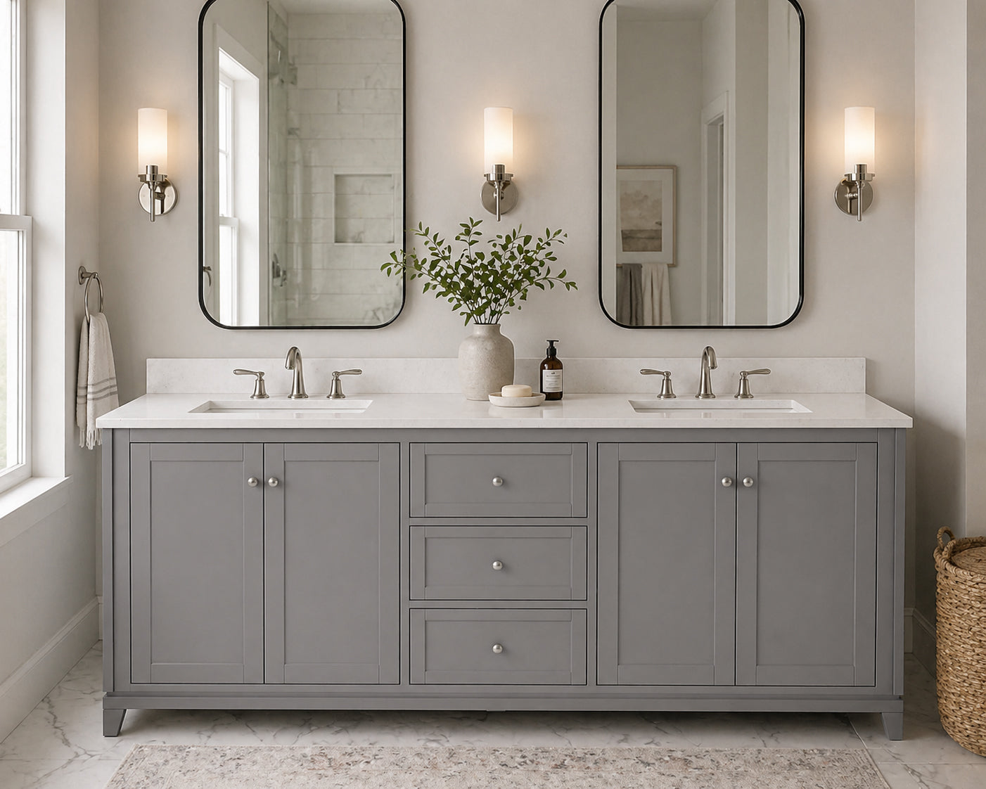 Placid 72 Inch Oak Vanity-Gray-White Quartz / Rectangle Sink | Alternative Image 01 | countertop finish:White Quartz | sink style:Rectangle Undermount | faucet centers:8"