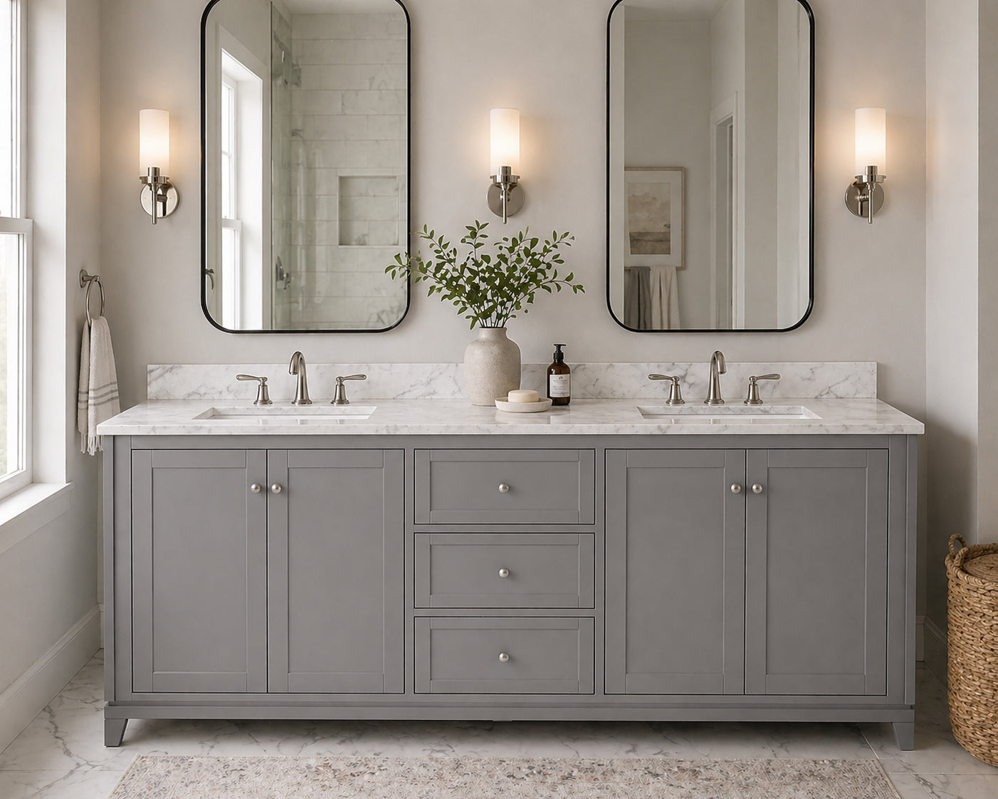 Placid 72 Inch Oak Vanity-Gray-White Carrara Marble / Rectangle Sink | Alternative Image 01 | countertop finish:White Carrara Marble | sink style:Rectangle Undermount | faucet centers:8"