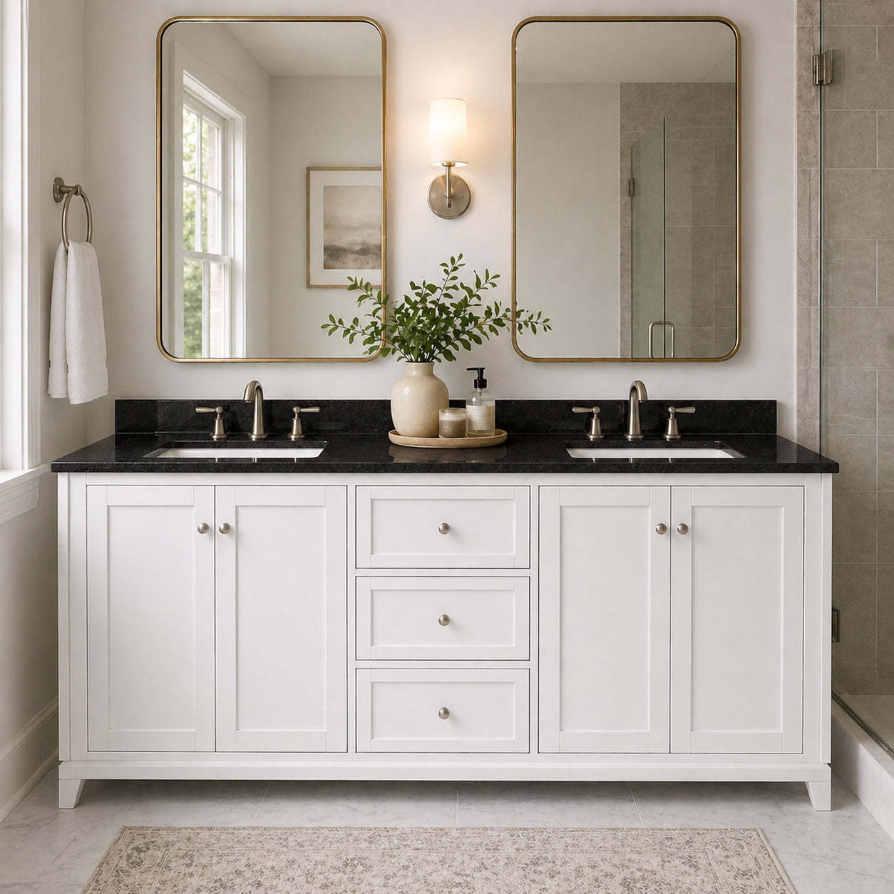 Placid 72 Inch Oak Vanity-White-Black Granite / Rectangle Sink | Alternative Image 01 | countertop finish:Black Granite | sink style:Rectangle Undermount | faucet centers:8"