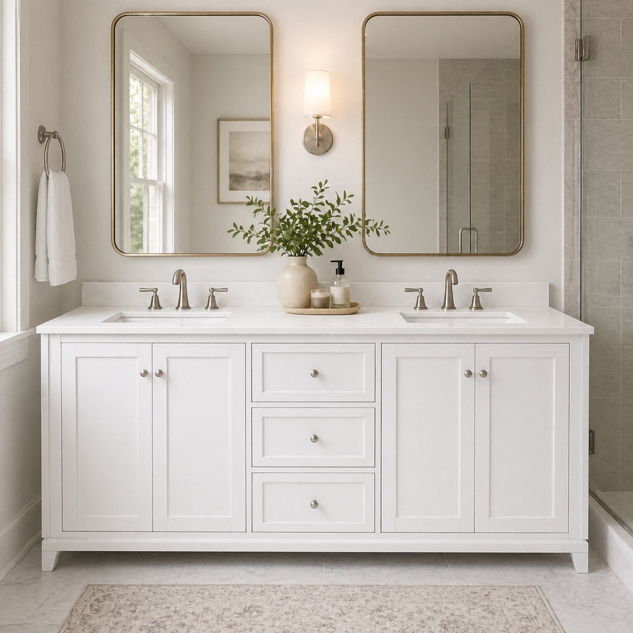 Placid 72 Inch Oak Vanity-White-White Quartz / Rectangle Sink | Alternative Image 01 | countertop finish:White Quartz | sink style:Rectangle Undermount | faucet centers:8"