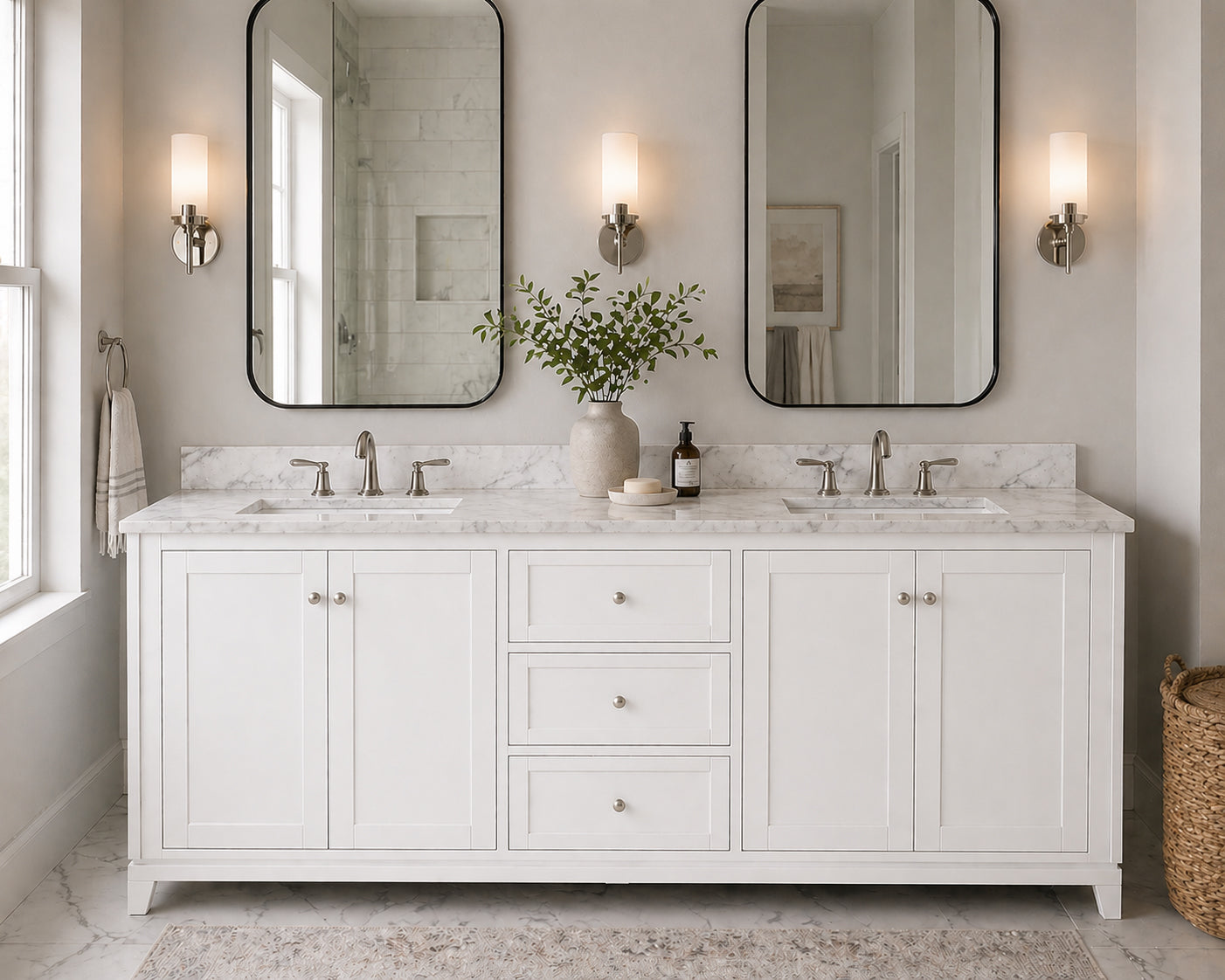 Placid 72 Inch Oak Vanity-White-White Carrara Marble / Rectangle Sink | Alternative Image 01 | countertop finish:White Carrara Marble | sink style:Rectangle Undermount | faucet centers:8"