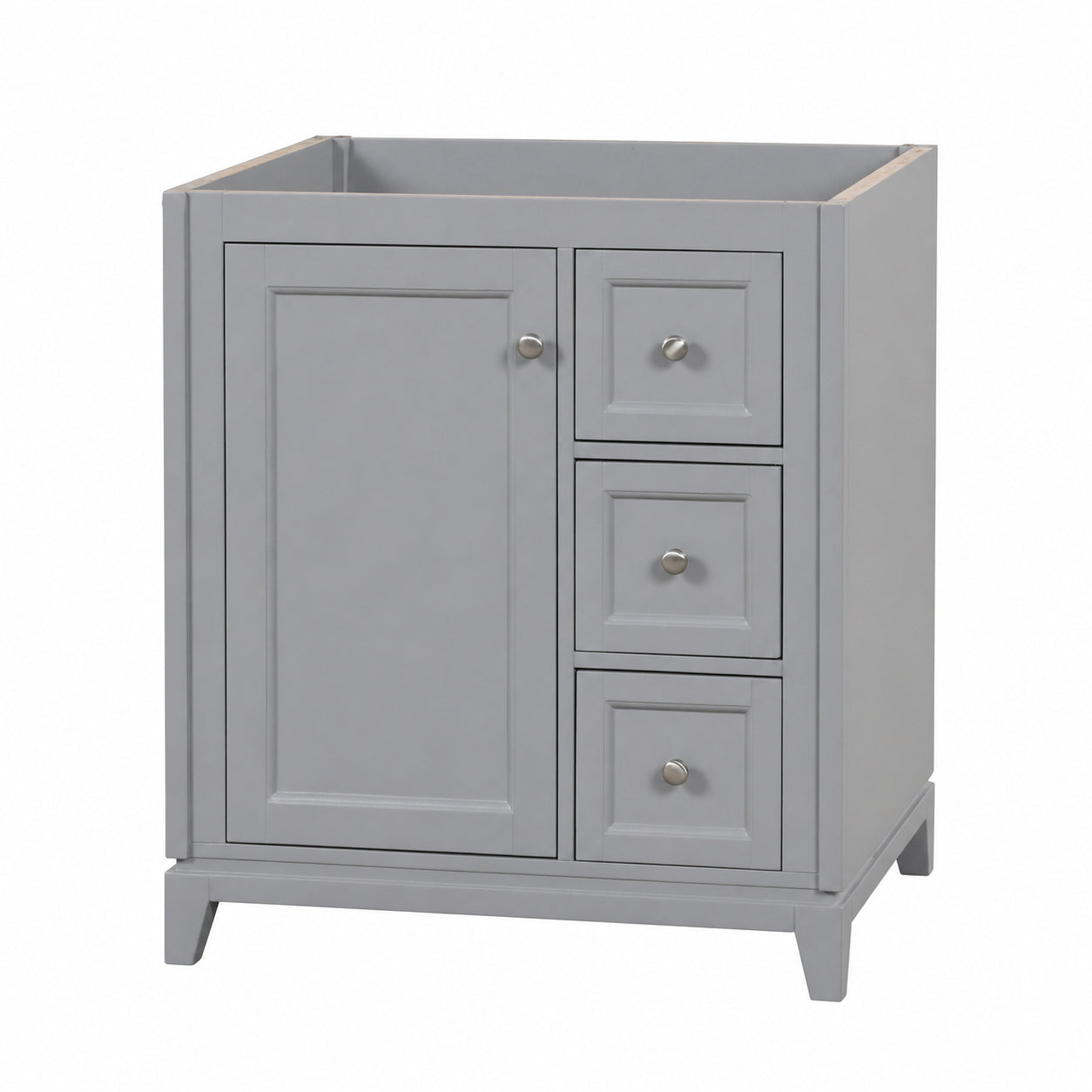 Placid 30 Inch Oak Vanity with Left Cabinet and Rectangular Undermount Sink | Alternative Image 01 | finish:Gray Oak | countertop finish:No Top | sink installation type:None
