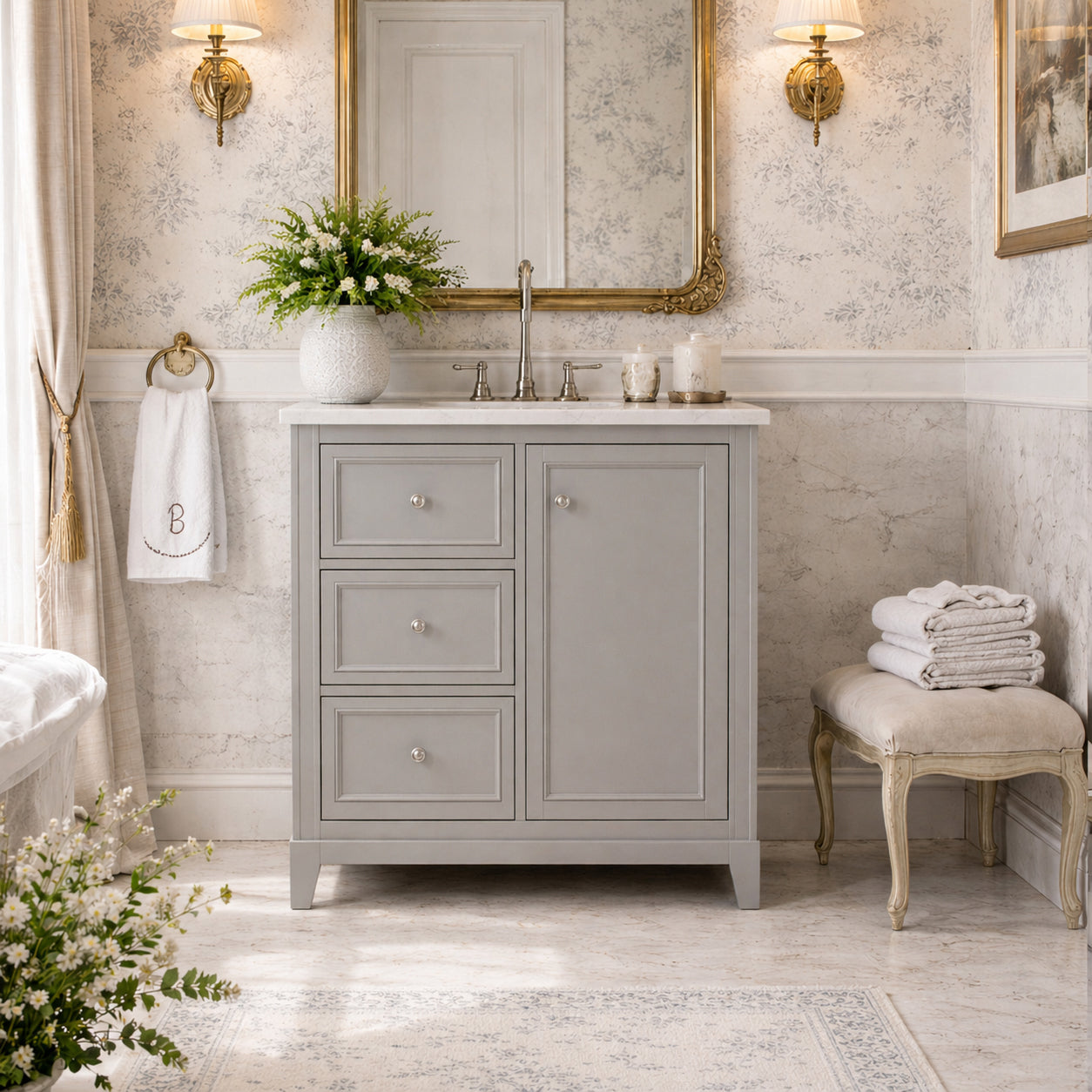 Placid 30 Inch Oak Vanity with Right Cabinet and Rectangular Undermount Sink | Alternative Image 01 | finish:Gray Oak | countertop finish:White Carrara Marble | sink installation type:Rectangle Undermount