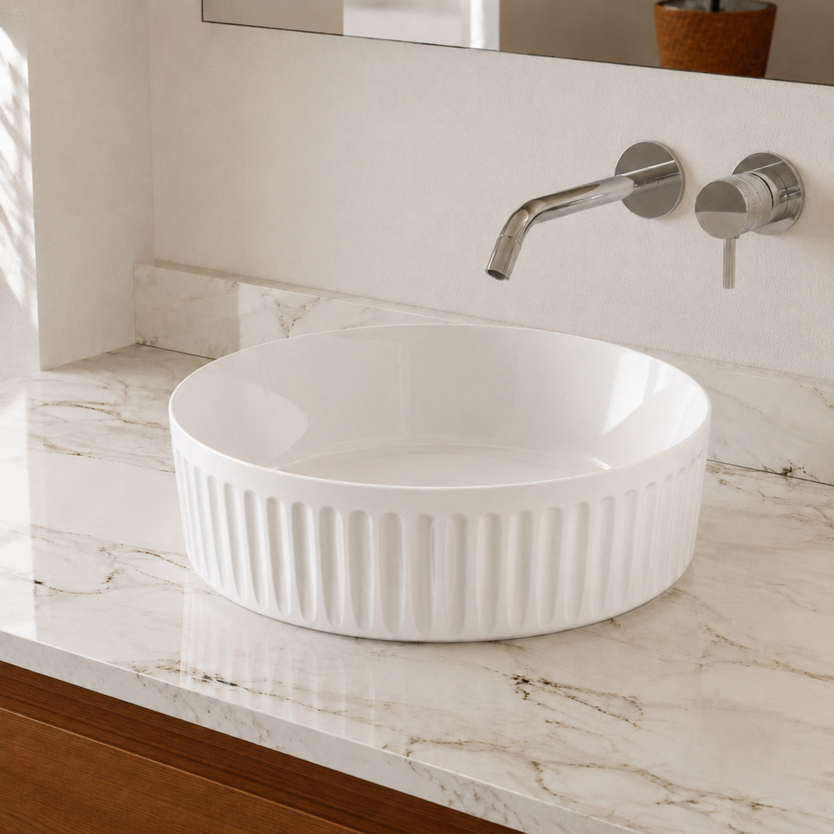 Vertical Round Porcelain Fluted Vessel Sink | Alternative Image 02