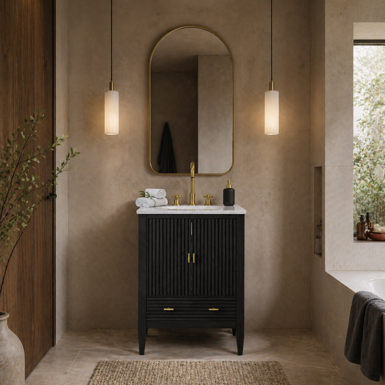 Valmont 24 Inch Fluted Vanity Base - Carbon Oak | Alternative Image 01 | finish:Carbon Oak | countertop finish:White Carrara Marble | sink style:Oval Undermount