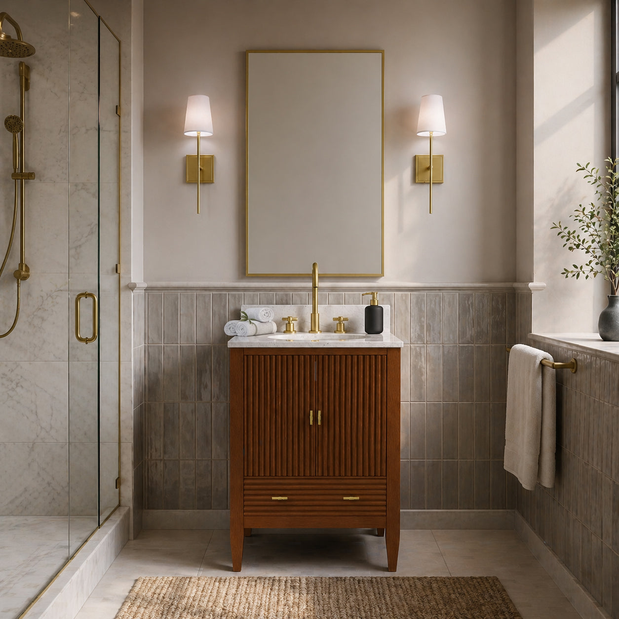 Valmont 24 Inch Fluted Vanity Base - MC Walnut | Alternative Image 01 | finish:Mid Century Walnut | countertop finish:White Carrara Marble | sink style:Oval Undermount
