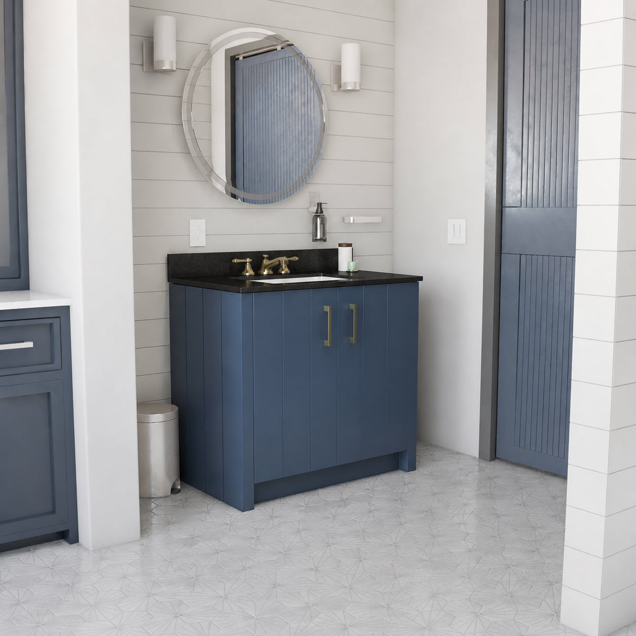 Wexler 36 Inch Solid Oak Bathroom Vanity with Undermount Sink-Navy Blue-Black Granite / Rectangle Sink | Alternative Image 01 | countertop finish:Black Granite | sink style:Rectangular Undermount | faucet centers:8"