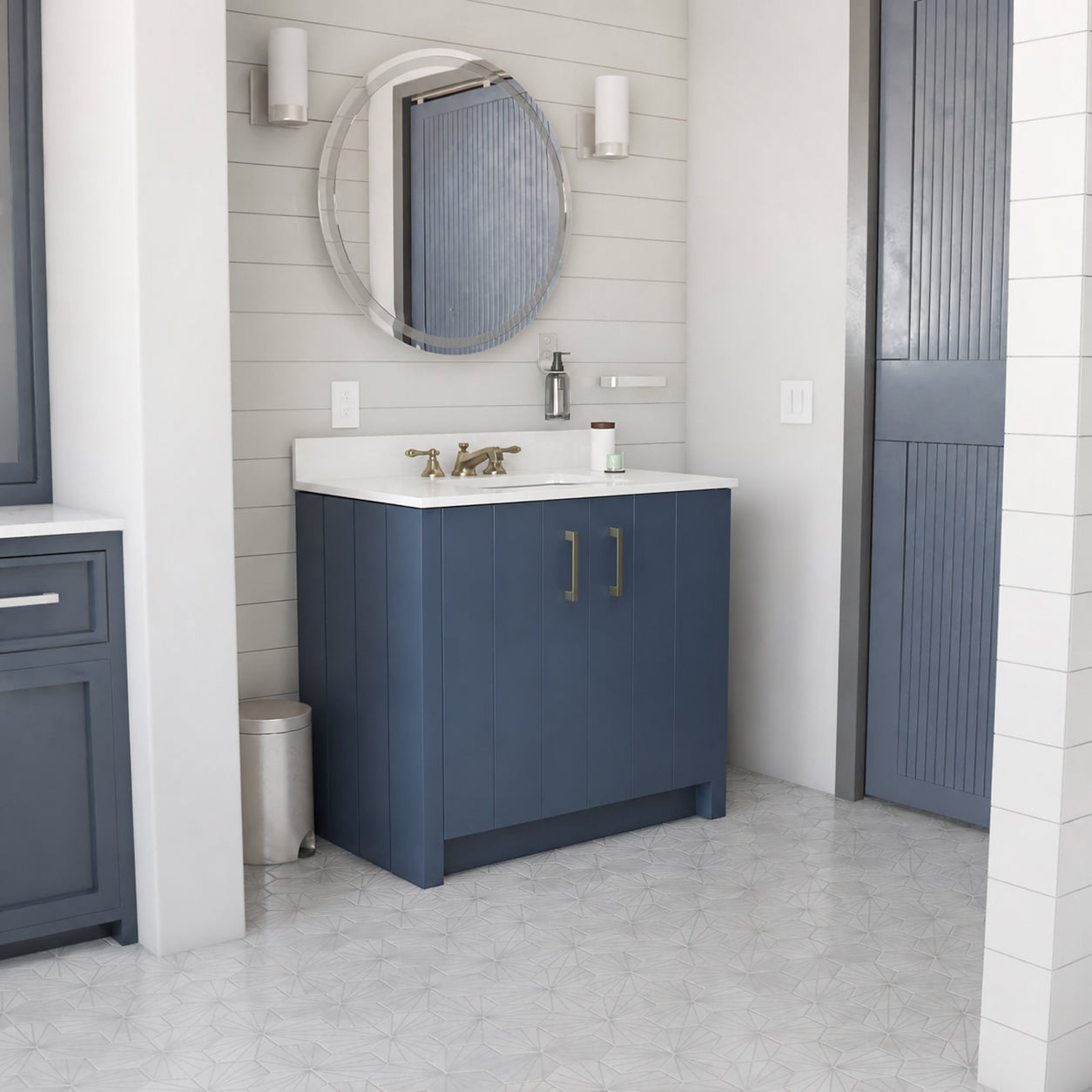 Wexler 36 Inch Solid Oak Bathroom Vanity with Undermount Sink-Navy Blue-White Quartz / Rectangle Sink | Alternative Image 01 | countertop finish:White Quartz | sink style:Rectangular Undermount | faucet centers:8"