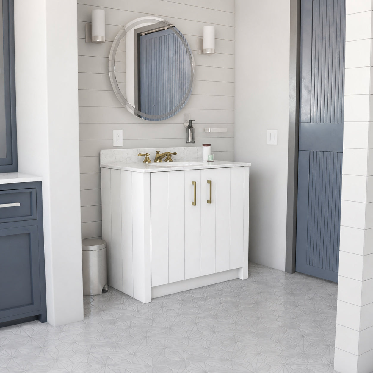 Wexler 36 Inch Solid Oak Bathroom Vanity with Undermount Sink-White-White Carrara Marble / Oval Sink | Alternative Image 01 | countertop finish:White Carrera Marble | sink style:Oval Undermount | faucet centers:8"